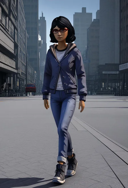 3D, Sarah, 1girl, alone, short shoulder-length black hair, red glasses, hooded jacket, partially unbuttoned, undershirt, pants, ankle boots
Sarah wearing a white shirt, blue jeans, and sneakers. She's walking through a city.