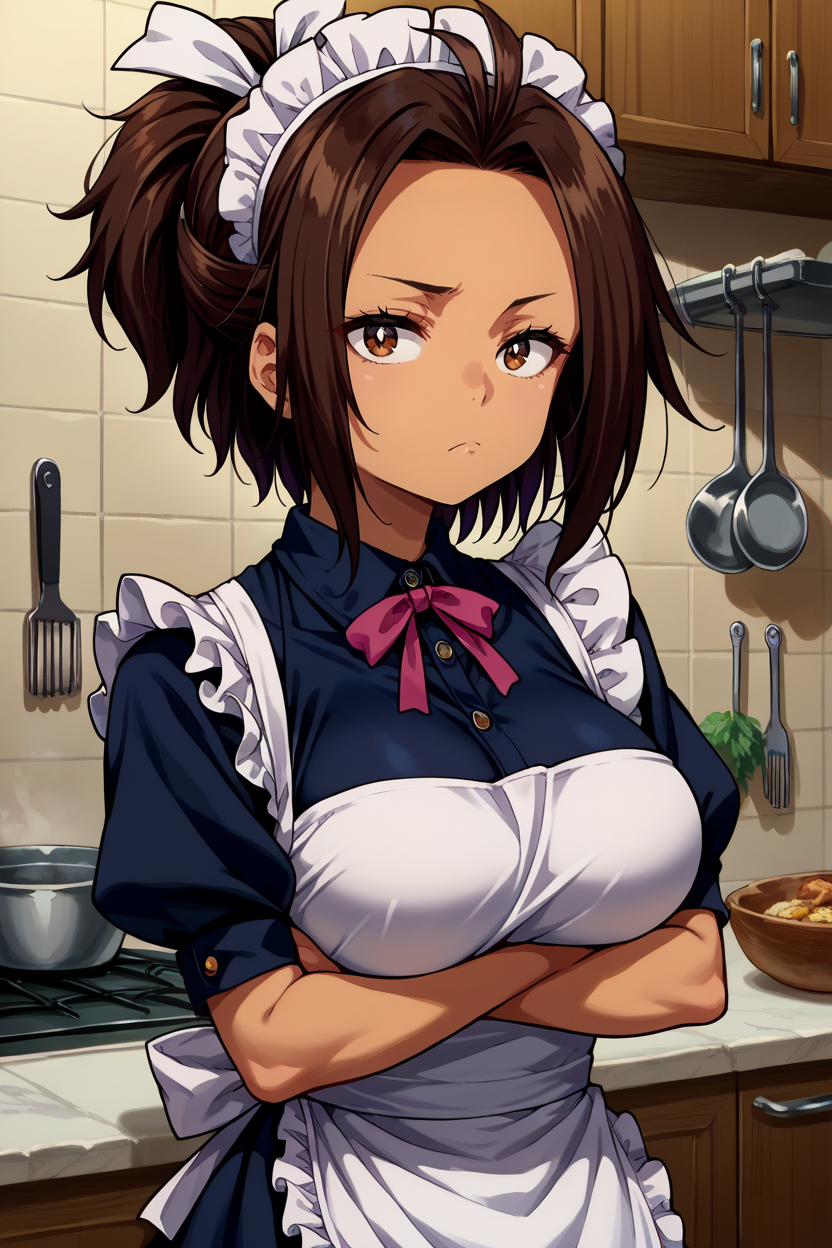 score_9, score_8_up, score_7_up, score_6_up, source_anime, 1girl, solo  <lora:hikarihazakura-pdxl-nvwls-v1-000006:1> hazakura, brown hair, short ponytail, short hair, brown eyes, tan, hair ribbon, big breasts, maid outfit, maid headdress, short puffy sleeves, kitchen, looking at you, large breasts, bored, apron, black skirt, crossed arms