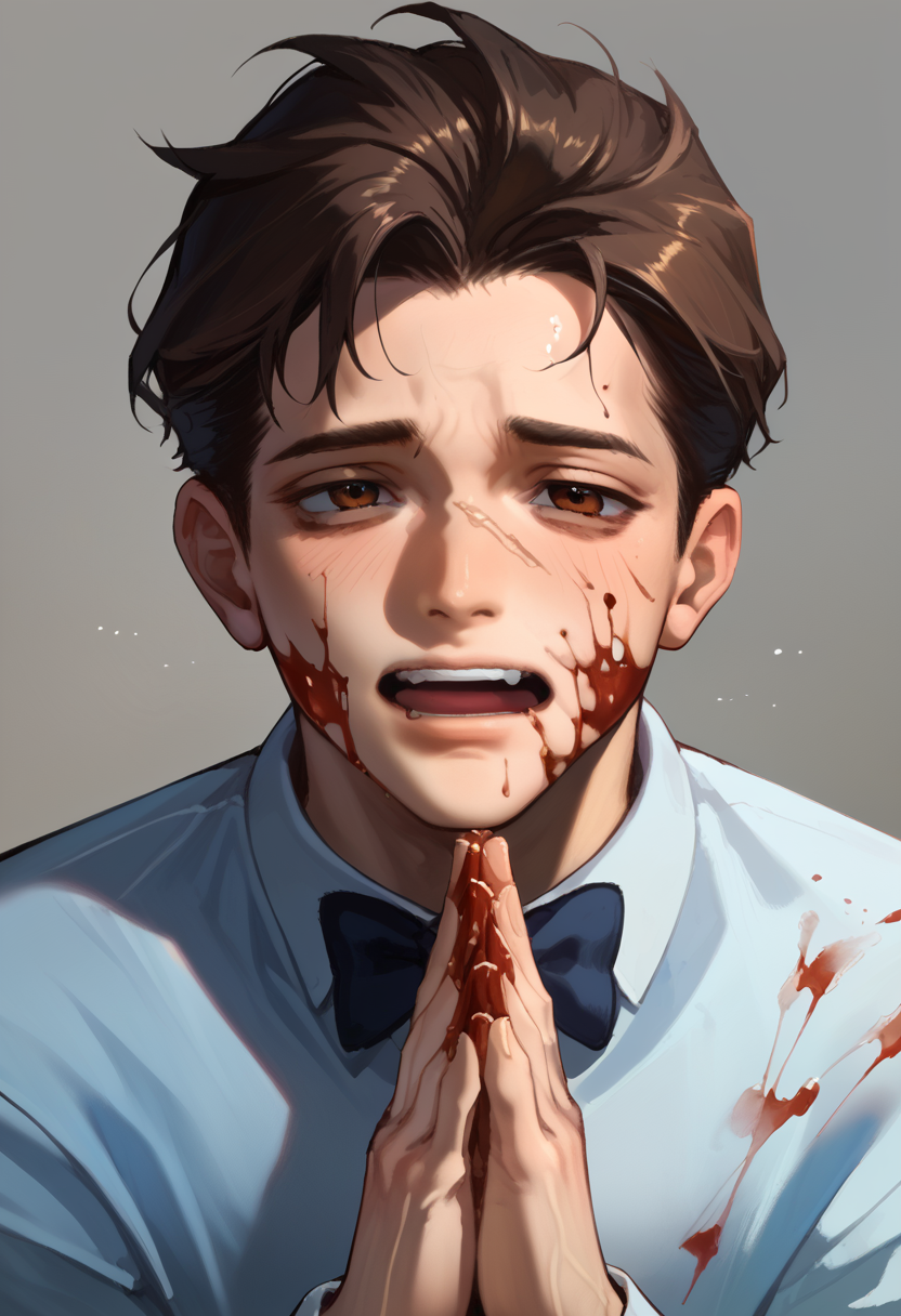 embedding:Pony\Positive\zPDXL3, score_9, score_8_up, score_7_up, 1boy, male focus, solo, tnmn_milkman, baggy eyes, brown eyes, brown hair, tilting head aside, begging, own hands together, uniform, collared shirt, bowtie, blood on face, blood on clothes, open mouth, teeth, heavy breaths, tired, upper body