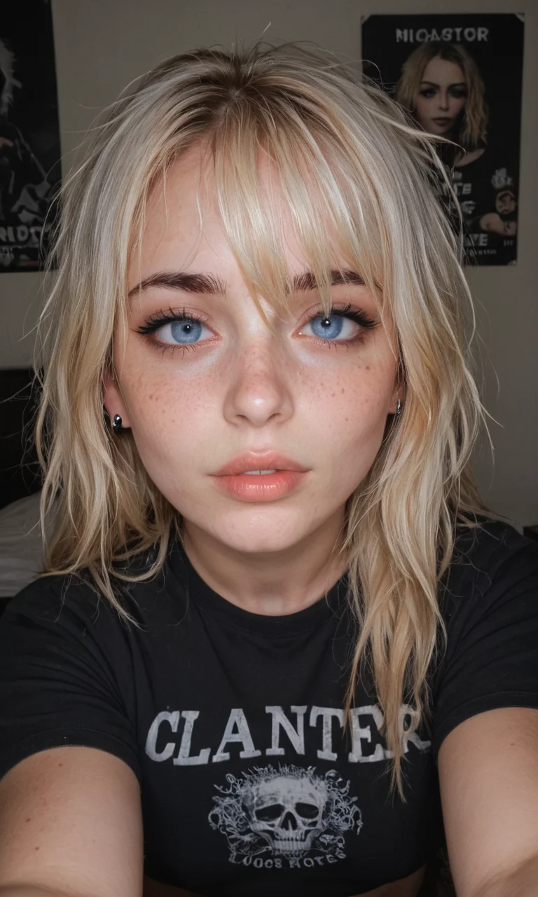 4k selfie with a excited expression, goth girl, deep focus, split-diopter lens, focus on her eyes, cluttered bedroom, posters on walls, warm lighting, long shaggy blonde, bangs between eyes, dark blue eyes, freckles, blush, natural lips, natural eyes, messy hair, black eyebrows, piercings, taking a selfie, bent forward,