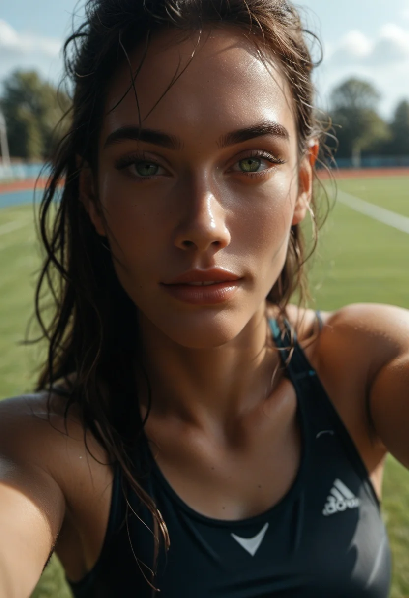 score_9, score_8_up, score_7_up, 1girl, selfie photo of a athletic and fit 25 yo tall woman on a sports field. brown shag hair, green eyes, tanned skin, sports athlete, wearing sports bra, (selfie from above), smiling, face focus, evening light, <lora:add-detail-xl:0.6> <lora:MJ52:0.8> <lora:sinfully_stylish_PONY_0.2:0.6> <lora:1dkXLP:0.4> 1dk