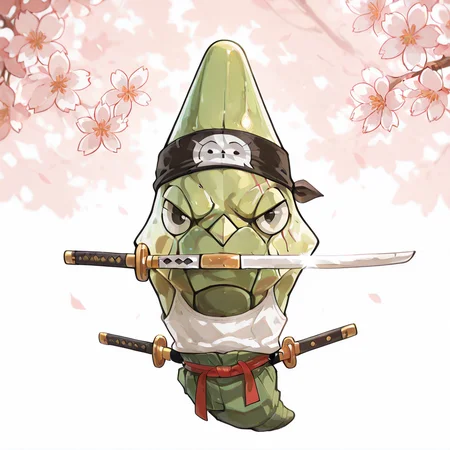 metapod, full body, slightly turned, front view, no hands, no arms, no legs, no feet, no shoulders, cropped green hair, sideburns, three swords, katana, weapon, mouth hold sword, triple wielding, green haramaki, three identical gold earrings, black bandana cover head, scars on body, sheathed, frown, black pants, white shirt, roronoa zoro, looking at viewer, anime, artwork, sakura trees in the background, Cherry blossom