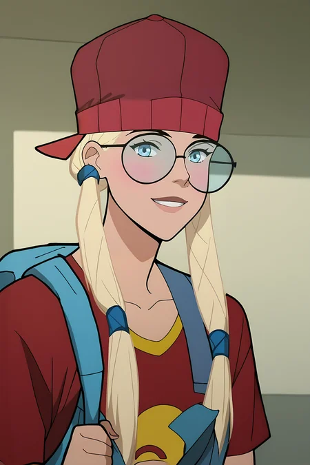 score_9, score_8_up, score_7_up, score_6_up, score_5_up, score_4_up, flat color, source_anime, 2d, BREAK.
indoors, blush, smile, looking at viewer, BREAK.
sidelocks, twintails, red headwear, baseball cap, round eyewear, glasses, red shirt, blue overalls, backpack, jewelry, bracelet, BREAK.
<lora:Supergirl(LOS)_v1:1.3>, 1girl, solo, blue eyes, long hair, blonde hair,