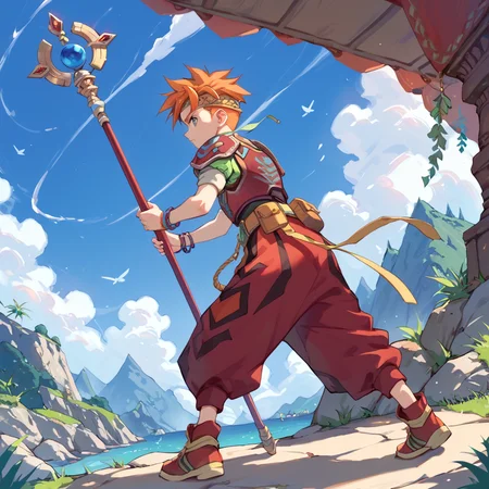 <lora:terraarkpony:1.5>score_9, score_8_up, score_7_up, terranigmark, short hair, spiky orange hair, pauldrons with faces, jeweled headband, red leather armour with print, green sleeves, bracelets, belt with dangling straps, red baggy pants, shoes, holding bo staff,