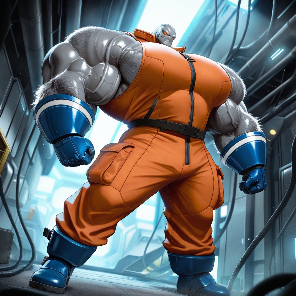 masterpiece, best quality, very aesthetic, cinematic 
lighting, absurdres, dynamic pose, dynamic angle, 1boy, solo, BB Style BREAK grey alien, grey skin, noseless, tall muscular male (hyper, enormous veiny muscles, hyper muscle, hairy, enormous pectorals), sleeveless sci-fi jumpsuit, sci-fi boots, sci-fi gloves, large and wide chin, large alien eyes, frowning, looking at viewer, standing BREAK sci fi room