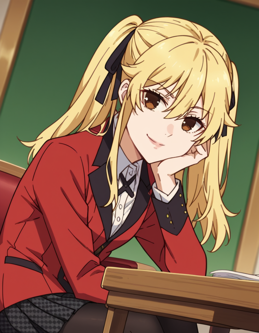 score_9, score_8_up, score_7_up, source_anime, <lora:mary-saotome-s2-ponyxl-lora-nochekaiser:1>, mary saotome, long hair, blonde hair, hair between eyes, twintails, brown eyes, hair ribbon,, skirt, shirt, school uniform, jacket, white shirt, pantyhose, pleated skirt, collared shirt, black pantyhose, blazer, red jacket,, indoors, smile, looking at viewer, solo, sitting, head rest, table,, cowboy shot, dutch angle