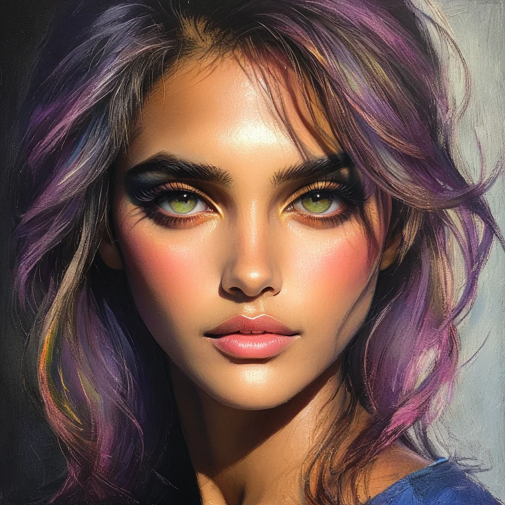 ArsMJStyle, Oil Pastels ,<lora:Oil_Pastels:1>, <lora:add-detail-xl:1.2>  Portrait in chiaroscuro style, dramatic side-lighting, rich skin tones built up with layers of color, deep shadows, highlights catching on facial features, visible pastel texture in clothing