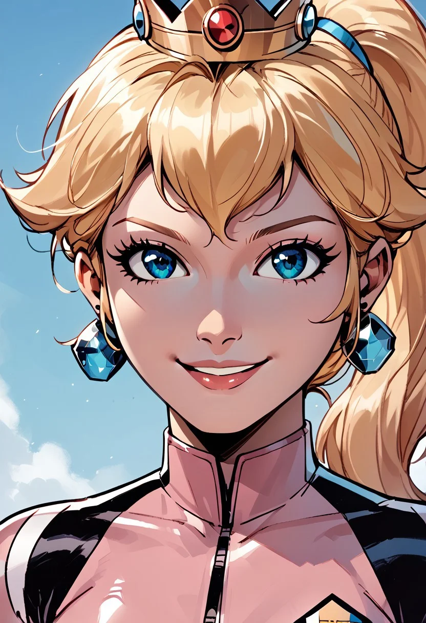 score_9, score_8_up, score_7_up, score_6_up BREAK 8k,) IncrsPchBiker, long hair, blonde hair,ponytail, biker clothes, bikesuit, pink bodysuit, pink gloves, , crown, jewelry, earrings, <lora:PrincessPeach_XLPD:1> perfect anatomy, exy, seductive smile, blue eyes,smile, face closeup, face focus,very close up,portrait