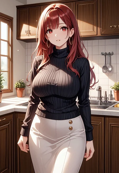 score_9, score_8_up, score_7_up, (masterpiece, detailed:1.2), (best quality:1.2), (High Resolution), (More Details), (8K), (High Resolution), female focus, sharp focus, newest, ultra-detailed, 1girl, solo, mature woman, milf, long hair, red hair, red eyes, large breasts, jewelry, earrings, sweater, turtleneck, hoop earrings, black sweater, white skirt, full body, various expressions, various poses, front view, kitchen, house