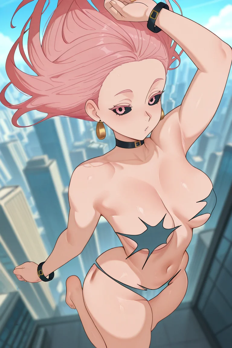masterpiece, best quality, amazing quality, very aesthetic, absurdres, newest, (city), 1girl, solo,
uro_jjk, pink eyes, black sclera, pink hair, long hair, gold earrings, choker, bracelet,
floating hair, transparent censoring, background through the body,
stuffyai_800style, anime style, dynamic pose, floating, levitating, leg up, arm up from above