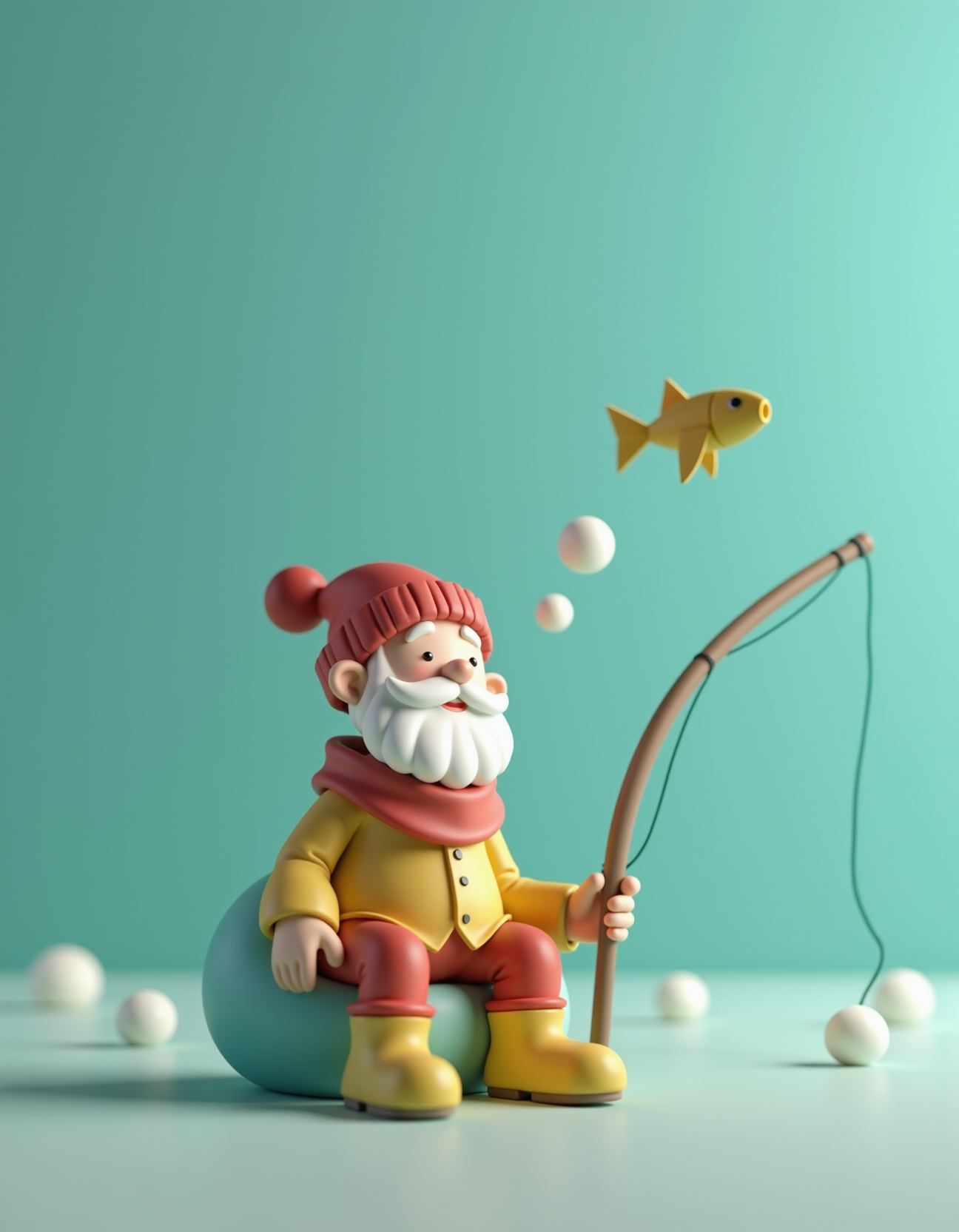 A simplified 3D grandpa, reduced to smooth clay-like forms and pastel shades, sits against a monochromatic teal gradient. His beanie and boots pop in primary red and yellow, while the fishing rod aligns with a golden-section spiral. The fish becomes a minimalist origami shape (no cranes!), and thought bubbles dissolve into abstract white puffs. Soft ambient occlusion shadows and matte textures evoke Scandinavian minimalism, balancing playfulness with geometric precision.
_________
dramatic beauty, otherworldly quality, soft lighting, shallow depth of field, high detail, dynamic composition, cinematic shot, film grain, balanced shadows, harmonic colors, emotional depth, symbolic meaning, innovative props/costumes, timeless elegance, modern themes, iconic imagery, unforgettable moment, captivating beauty, stunning impact, thought-provoking, artistic vision, masterful execution.
<lora:cheats:0.4> <lora:NOOB_vp1_detailer_by_volnovik_v1:0.5> <lora:- Flux1 - soothing_atmo_V2.0:0.1>