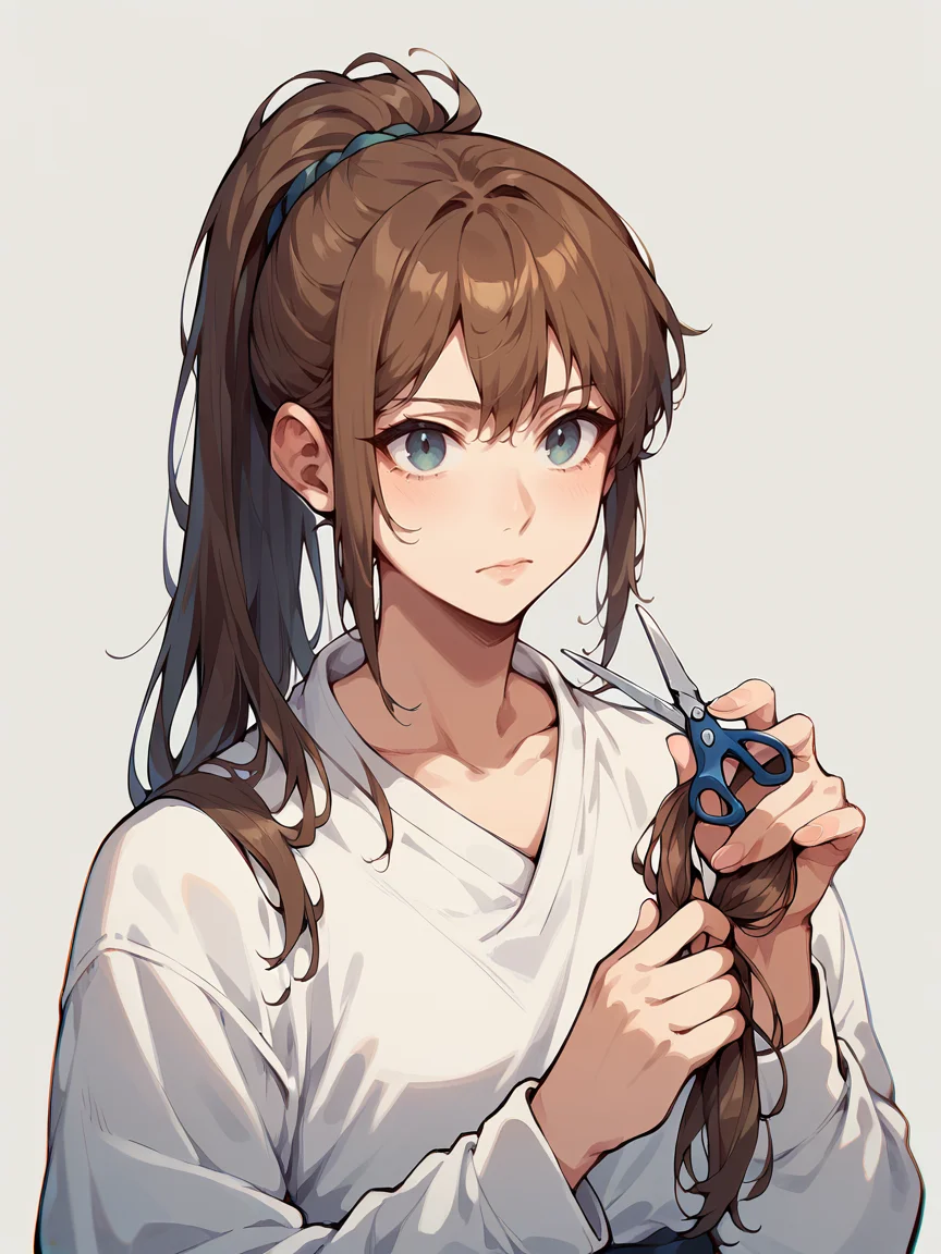 score_9, score_8_up, score_7_up, score_6_up,   <lora:cuth41r2:1> cutting hair, cuth41r, haircut, cut off hair, cutting hair, holding hair, holding scissors, 1girl, long hair, ponytail,