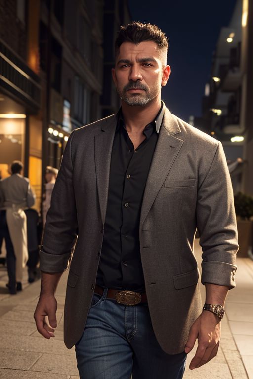(8k, best quality, masterpiece:1.2),(ultra-detailed),(high quality:1.3),(high resolution),hard rim lighting,((dramatic lighting)), 1boy, middle aged man, in his late 40's, arab, algerian, short black hair, stern look, brown eyes, (wearing western style clothes), walking towards a modern european hotel at night, night time