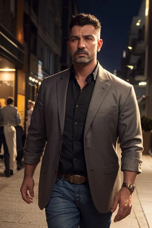 (8k, best quality, masterpiece:1.2),(ultra-detailed),(high quality:1.3),(high resolution),hard rim lighting,((dramatic lighting)), 1boy, middle aged man, in his late 40's, arab, algerian, short black hair, stern look, brown eyes, (wearing western style clothes), walking towards a modern european hotel at night, night time
