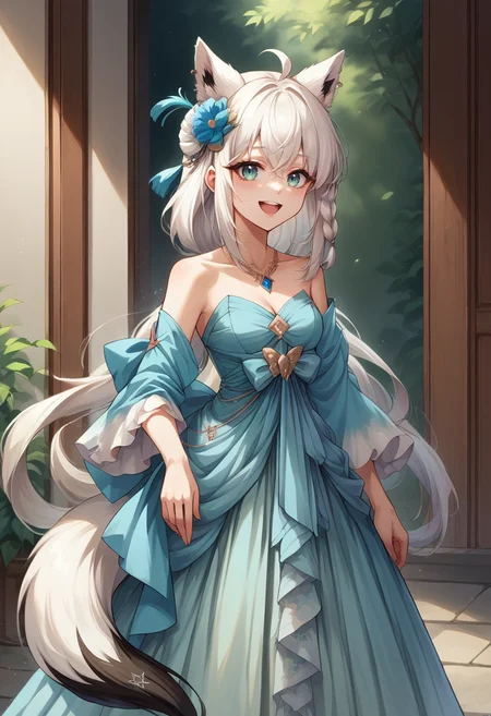 score_9, score_8_up, source_anime, <lora:wrenchrococodomepdxl-000007:1>,wrenchrococodome, gown,hair flower, layered clothing, <lora:shirakami_fubuki_sdxl_pony-4:1> fubuki, white hair, single side braid, ahoge, piercing, fox tail,open smile,