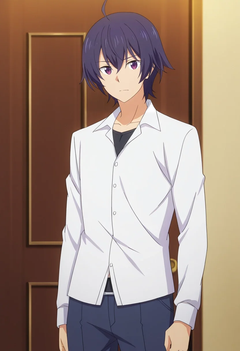 masterpiece, best quality, anime screencap, official style, anime coloring, cowboy shot, 1boy, solo, male focus, <lora:shin_wolford_ilxl:0.92>, shin_wolford, purple hair, purple eyes, short hair, ahoge, hair between eyes, ,