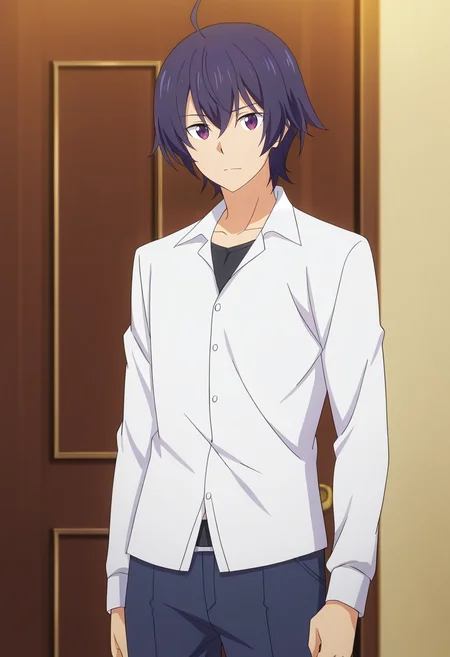 masterpiece, best quality, anime screencap, official style, anime coloring, cowboy shot, 1boy, solo, male focus, <lora:shin_wolford_ilxl:0.92>, shin_wolford, purple hair, purple eyes, short hair, ahoge, hair between eyes, ,