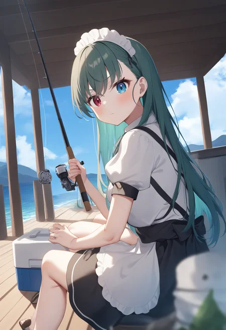 1girl,sincos, ningen mame, toosaka asagi,solo,medium breasts,20yo,maid,maid headdress,
fishing, fishing rod, sky, sitting, day, outdoors, holding fishing rod, cooler, ocean, fishing line,<lora:fishing_XL_v1:0.8>
ceiling, feet out of frame, looking back, green hair, heterochromia,serious, closed mouth, shiny hair,,
best quality, very aesthetic, absurdres
