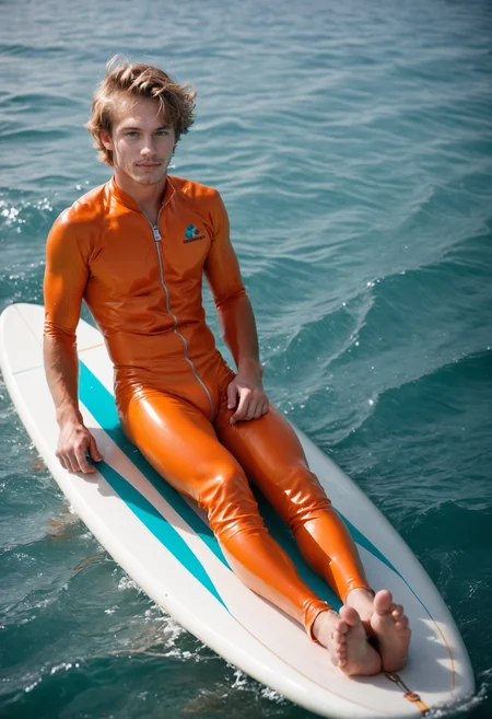 score_9, score_8_up, score_7_up, score_6_up, photo, photorealistic, <lora:fratbrat_sean_pony_epoch_3:1> 1boy, frtbrt_sn, wearing (unzipped) orange bodysuit, sitting on surfboard