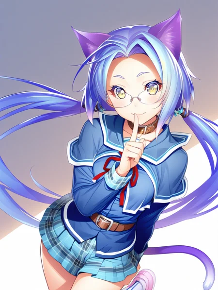 perfect quality,best quality,absolutely eye-catching,ambient occlusion,raytracing BREAK
1girl,<lora:merikuru seisyunn IL v1.1:1>,seisyunn,green eyes,cat ears,blue hair,low twintails,glasses,blue school uniform,pleated skirt,plaid skirt,neck belt,miniskirt,socks,pink shoes,cat tail,long sleeves,, from above,upper_body,leaning_to_the_side,finger_to_mouth,shushing,standing_split,_leg_up,