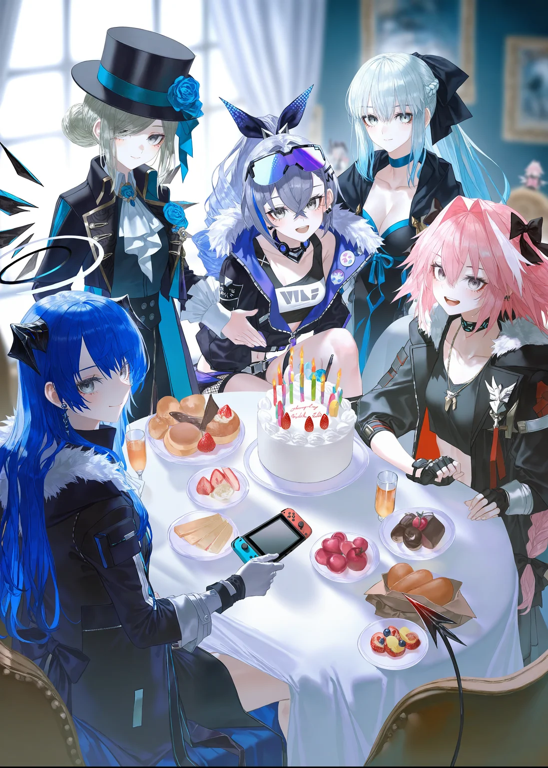 (artist:onineko:0.826446),artist:hito komoru,(artist:quasarcake:1.1),(artist:reoen:0.826446),artist:machi,(7769:1.21),luren max,(morgan le fay (fate):1.1),reverse:1999,(vertin \(reverse:1999\)),
(mostima \(arknights\):1.2),(astolfo \(fate\):1.1),silver wolf \(honkai: star rail\),(5girls:1.9),black choker,black gloves,blue brooch,blue eyes,blue hair,choker,demon horns,demon tail,detached wings,earrings,gloves,hair between eyes,halo,head wings,horns,jewelry,long hair,looking at viewer,(multiple girls:1.7),pointy ears,ascot,black coat,black hat,black vest,blue bow,boater hat,bow,coat,collared shirt,grey eyes,grey hair,hair bun,BREAK blue flower,blue rose,dress,flower,fur shawl,long dress,long hair,rose,sleeveless,sleeveless dress,:d,ascot,birthday cake,single side bun,sitting,smile,table,teeth,upper teeth only,very long hair,vest,waistcoat,white ascot,white dress,white pants,white shirt,window,
blue-tinted eyewear,closed mouth,fingerless gloves,gloves,goggles,goggles on head,grey eyes,grey hair,hair between eyes,high ponytail,levitation,long hair,looking at viewer,nintendo switch,shirt,single-shoulder shirt,solo,tinted eyewear,two-tone gloves,