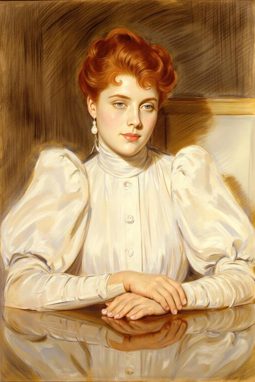 paulcesarhelleu1 illustration.
A woman with red hair style in an updo, and a calm expression. She is wearing a white blouse with puffy sleeves and is leaning on a table with a polisehd, reflective surface. She is glancing to the right.
<lora:paulcesarhelleu1_cap_d6a3e11:0.8><lora:844387306501630100:0>