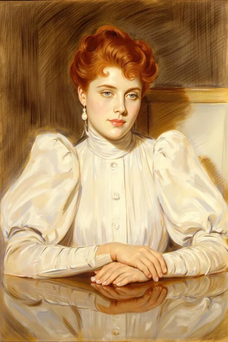 paulcesarhelleu1 illustration.
A woman with red hair style in an updo, and a calm expression. She is wearing a white blouse with puffy sleeves and is leaning on a table with a polisehd, reflective surface. She is glancing to the right.
<lora:paulcesarhelleu1_cap_d6a3e11:0.8><lora:844387306501630100:0>