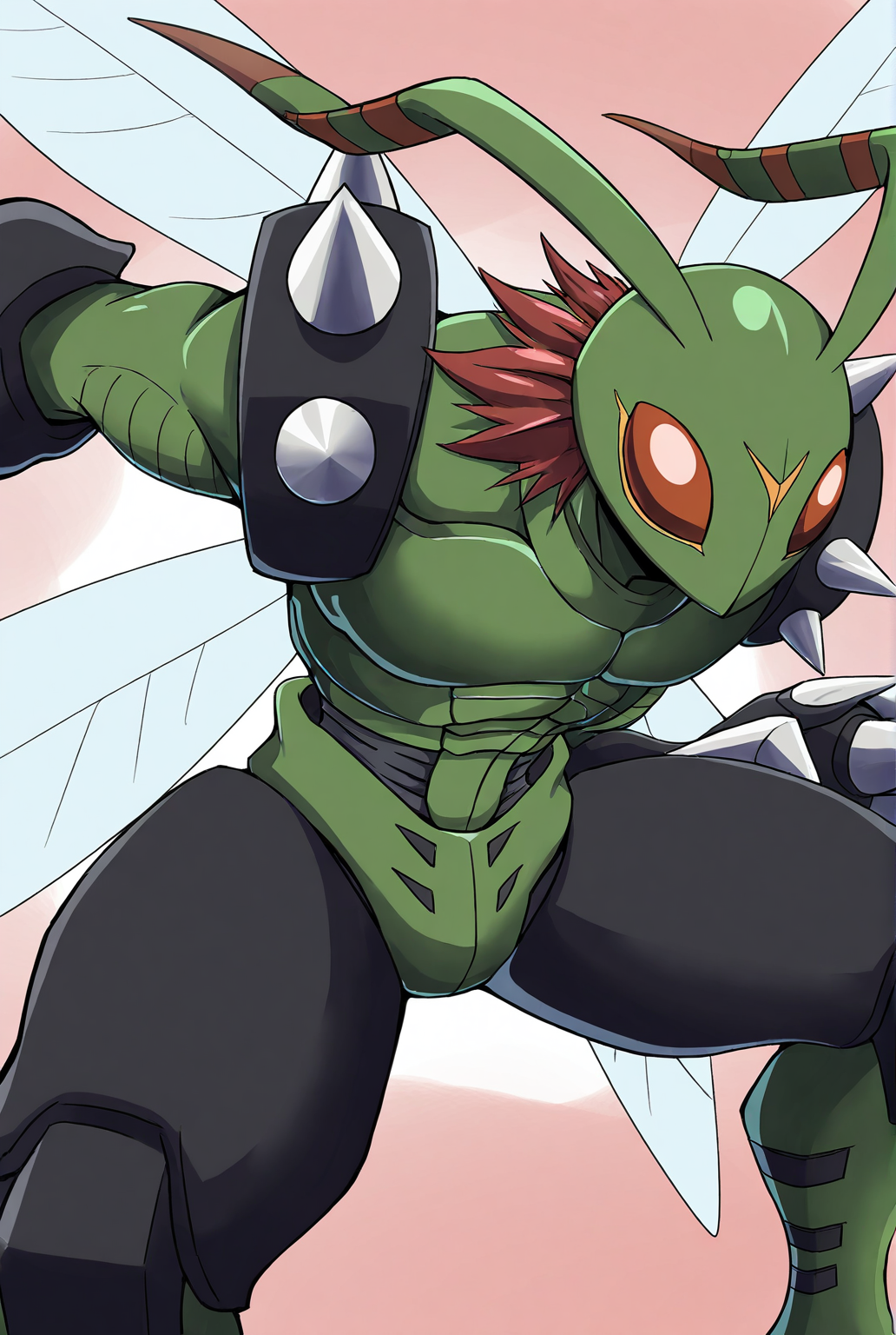 very awe,aesthetically pleasing,masterpiece,best quality,amazing quality,very aesthetic,ultra-detailed,high resolution,8k,1boy,solo,cowboy shot,male focus,detailed face,digimon,insect wings,no humans,wings,(creature),claws,spikes,antennae,red eyes,armor,fighting stance,<lora:Stingmon:0.8>,stingm0n,digimon \(creature\),