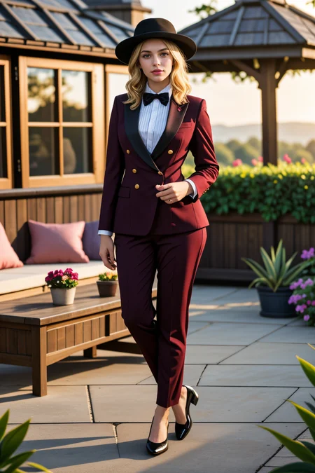<lora:LCM_LoRA_Weights_SD15:1>,<lora:detail_slider_v4:1.1>,(debonair dapper 24yo old adult gentlewoman, curvy build, medium blonde hair), african, dark skin, black eyes, wearing a fedora, burgundy double-breasted suit, monk strap shoes, bow tie, tie clip,cufflinks, set in a tranquil country manor, featuring a sunlit conservatory, a wrought iron daybed, potted plants, a quaint wooden bench, during sunset,mockup photography, professional presentation, blank, empty, creative composition, versatile use, professional lighting, expert styling, high-quality imagery, realistic perspective, accurate representation,