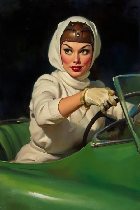 gilelvgren1 illustration.
tamaradelempicka1. A woman in a white headscarf is seated in the driver's seat of a green car. She wears a vintage aviator leather skull cap. Her eyes are intense, and her lips are red. Her gloved hand is on the wheel. The background is abstract with dark and light shades. <lora:gilelvgren1_d8a4e9a:1.0><lora:868556033428075469:0>
