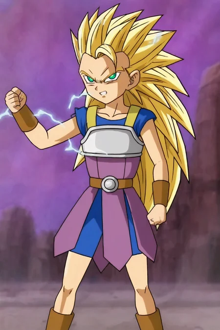source_anime, score_9, official style, anime screencap,
cabba, ((super saiyan 3)), ((no eyebrows)), blonde hair, green eyes, constricted pupils, ((very long hair)), spiked hair, (aura), smoke, electricity, looking at viewer,
solo,1boy, male focus, collarbone, cowboy shot, clenched hands, shouting, angry,
blue shirt, short sleeves, saiyan armor, purple tunic, brown belt, blue shorts,
v-shaped eyebrows, v-shaped eyes, blurry background, rock, purple sky
<lora:cabba_pony_v1:0.8>