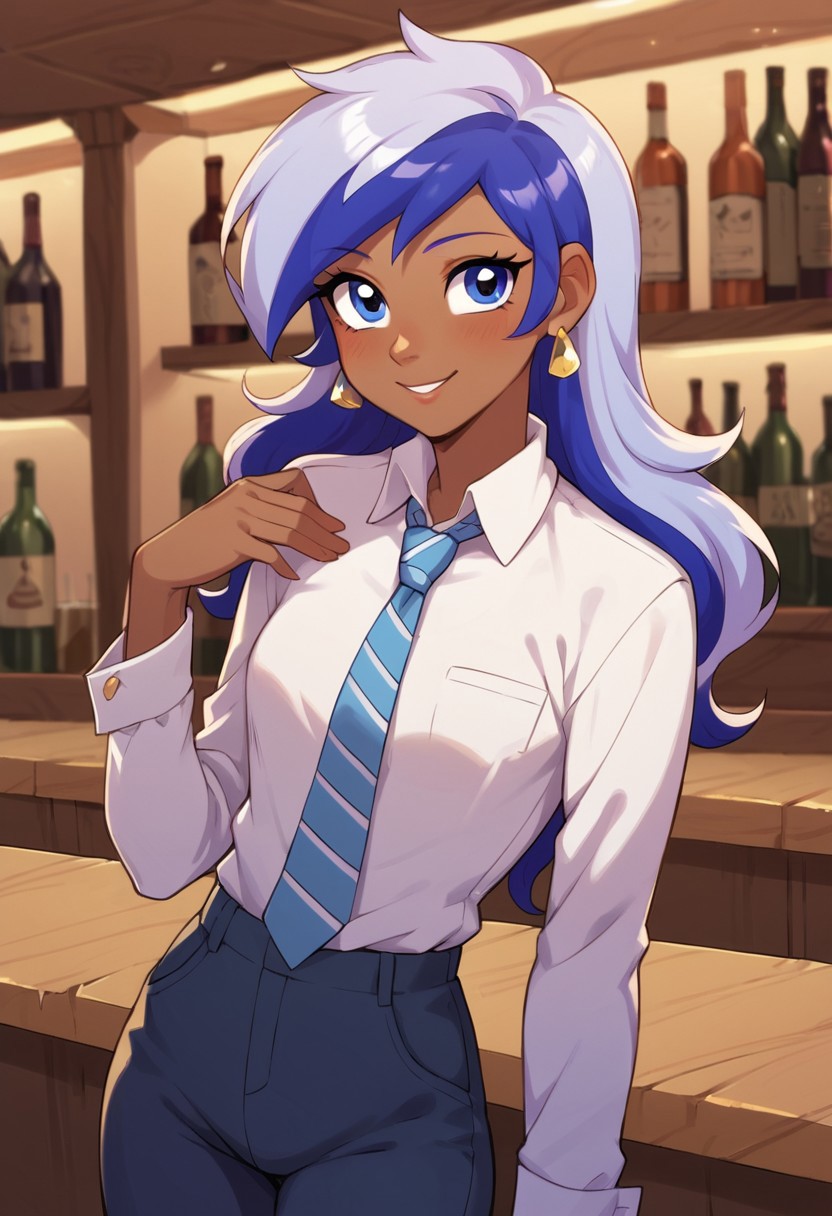 score_9, score_8_up, score_7_up, score_6_up, score_5_up, score_4_up, my little pony, ((humanized pony)), 1girl, ((solo)), Minuette, (elegant), beautiful, detailed, (detailed cute face), detailed clothing, streaked hair, blue eyes, (dark skin), long sleeves, (shirt and tie), necktie, striped tie, cufflinks, fancy cufflinks, pants, earring, flirty, in a club, nightclub, at the bar, nighttime