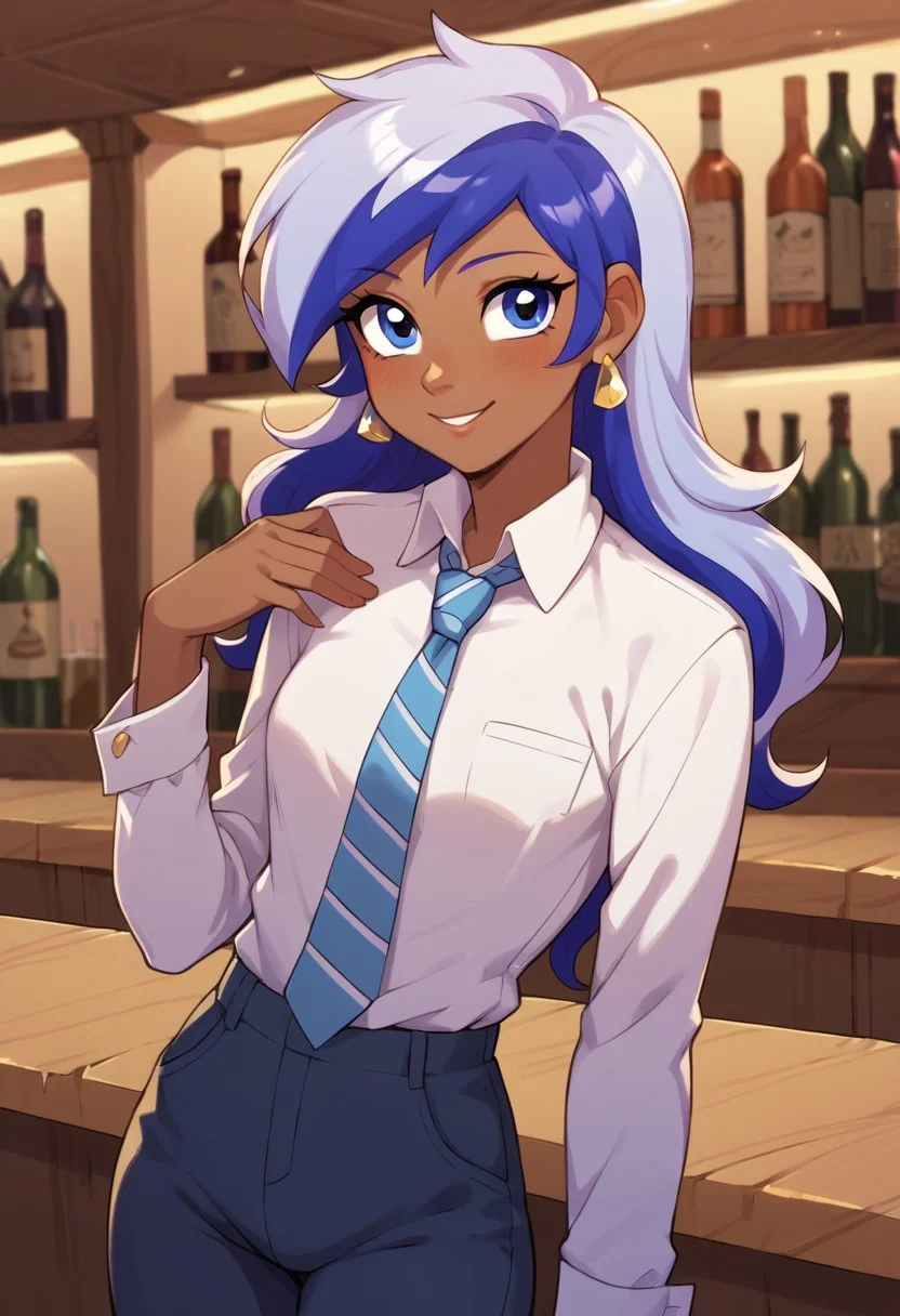 score_9, score_8_up, score_7_up, score_6_up, score_5_up, score_4_up, my little pony, ((humanized pony)), 1girl, ((solo)), Minuette, (elegant), beautiful, detailed, (detailed cute face), detailed clothing, streaked hair, blue eyes, (dark skin), long sleeves, (shirt and tie), necktie, striped tie, cufflinks, fancy cufflinks, pants, earring, flirty, in a club, nightclub, at the bar, nighttime
