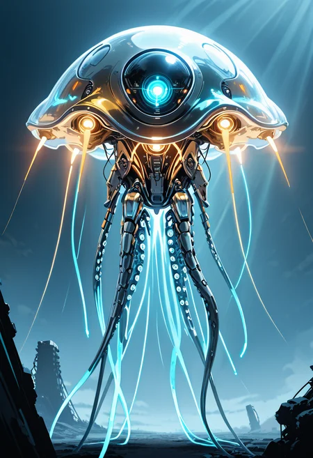 masterpiece, best quality, no humans,   ,<lora:TechJelly_IXL:0.9>,  TechJelly, glowing green eyes, metallic body, chrome surface, hovering tentacles, laser cannons, futuristic battlefield, high-tech ruins, battle stance, dynamic perspective, harsh lighting, tense atmosphere â Amidst the crumbled remnants of a futuristic battlefield, TechJelly hovers, its glowing green eyes scanning the horizon. The chrome surface of its mechanical body reflects the destruction around it, while hovering tentacles equipped with retractable laser cannons shimmer in the dim light. The harsh rays of a setting sun cast long shadows over the high-tech ruins, highlighting the creatureâs battle-ready stance. Every movement exudes a sense of cold, calculated precision, a perfect blend of machine and nature. The air is thick with tension, as if a storm is about to break, and TechJelly stands ready to strike.