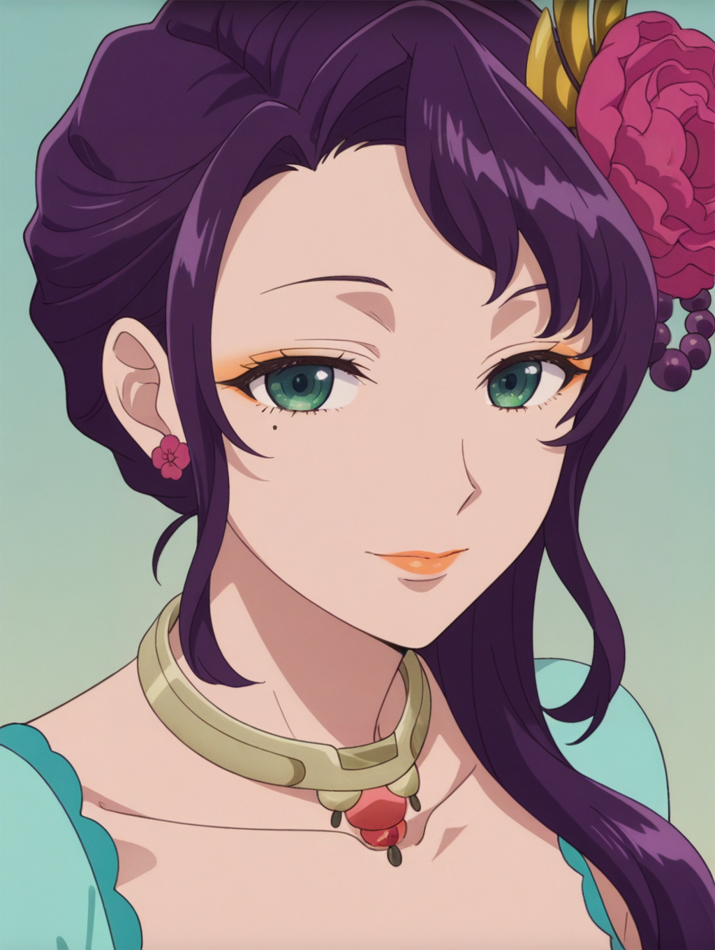 1girl,portrait, 
ywmm,purple hair,side ponytail,sidelocks,green eyes,orange eyeshadow,mole under eye,orange lips,flower earrings,hair flower,hair stick,hair beads,hairband,choker,aqua dress,
looking at viewer,,<lora:ywmeimeiv2_noob:1>