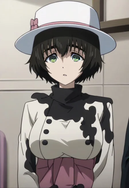 source_anime, official anime artwork, screencap, anime screencap, best quality, <lora:Mayuri_Shiina:1>solo girl, green eyes, thick eyebrows, Mayuri coat, white headwear, ,,,,,,,,,,,,,,,,,anime coloring, anime screencap, 1girl,Solo ,, anime,PUFFY nipple,huge breasts,,,official art, Uncensored ,Unedited ,,,,,,,,,,,,,,