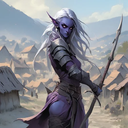 dark elf warrior, holding a polearm, village background, 1woman,