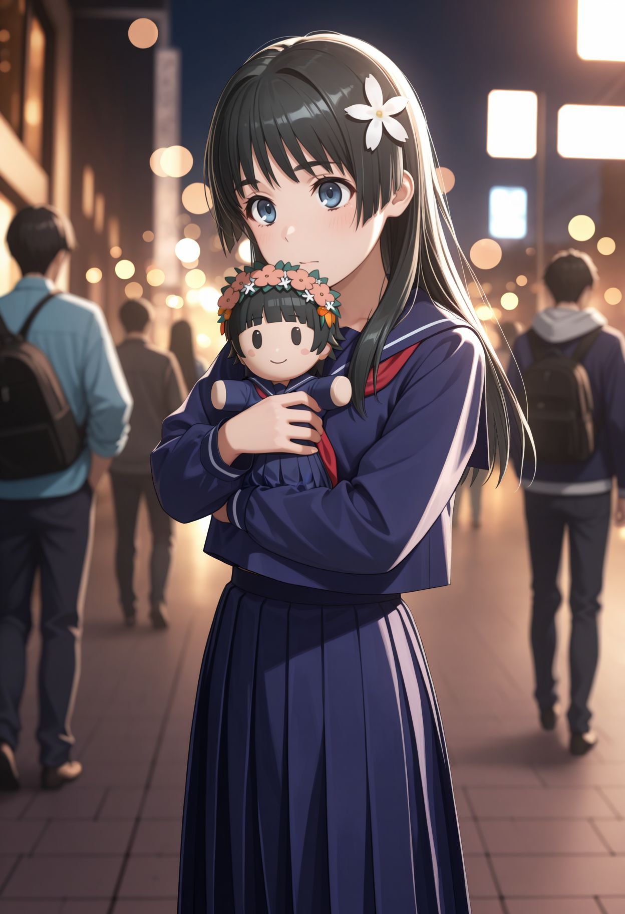 masterpiece,best quality,absurdres,highres,very aesthetic,high quality,detailed,insanely detailed,beautiful,perfect lighting, ,depth of field,blurry background,bokeh, 
<lora:Saten Ruiko illu:1>blue skirt, black hair, sakugawa school uniform, long hair, blue serafuku, winter uniform, hair ornament, character doll, holding doll, blue sailor collar, pleated skirt, hair flower, uiharu kazari, long skirt, blue shirt, blue eyes, multiple boys, hood, holding stuffed toy, hoodie, outdoors
