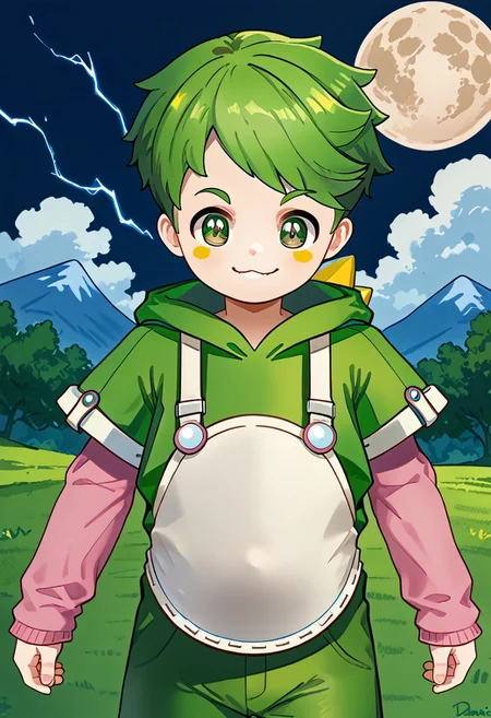 score_9, score_8_up, score_7_up, highly detailed, CuteCartoonStyle, cute boy, 1boy, solo,  AwanoPB, 1boy, green hair, green iris, brown pupils, yellow blush, white suspenders, white round belly apron, short-sleeved green hoodie with white accents, long fingerless pink arm warmers, green pants, pink sneakers, white outsoles, <lora:AwanoPB:1>, at night, full moon, running, electricity, motion blur, green electricity, smug smile, green eyes, glowing eyes,
DSCStyle, round eyes, exaggerated proportions, cartoonish features, anime-inspired, cute aesthetics, cartoonish proportions, stylized anatomy, soft shading, warm color palette, semi-flat coloring, vibrant tones, warm and inviting tones, playful expressions, expressive poses, minimal texture, polished finish, whimsical atmosphere, smooth lines, glossy highlights, minimal detail, clean outlines, consistent line weight, gentle highlights,