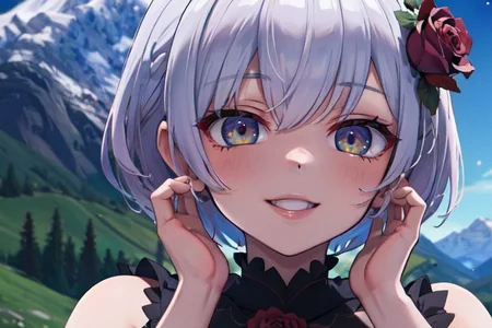 (masterpiece:1.4), 4K8K, (anime style), (high shutterspeed:1.4), (sharp edges),
SyFyEye1,
1woman hands togather, leaning foward, face focus, smile,
wearing Celtic style dress, (Detailed face, Detailed eyes),
any colored roses, Alps in the background,