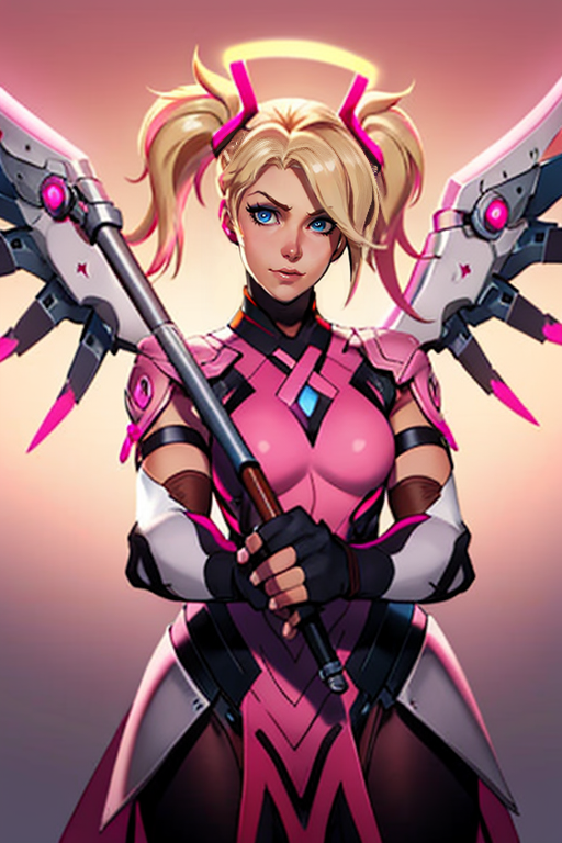 masterpiece,best quality,extreme detail,8k,image sharpness,<lora:mercy-10:0.8>, mercy2,1girl,solo,breasts,looking at viewer,blue eyes,blonde hair,gloves,dress,holding,twintails,medium breasts,pantyhose,cowboy shot,wings,elbow gloves,fingerless gloves,official alternate costume,gradient,gradient background,alternate hairstyle,glowing,halterneck,watermark,halo,pink background,staff,pink dress,web address,pelvic curtain,brown background,pink ribbon,nose,holding staff,criss-cross halter,mechanical halo,pink gloves,mechanical wings,spread wings,glowing wings,