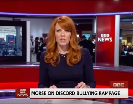 A ginger haired beautiful woman news anchor sits behind a desk in a BBC Newsroom, reading the latest headlines. The TV overlay says "BBC NEWS" with the headline "MORSE ON DISCORD BULLYING RAMPAGE". <lora:Concept_morse-BBCNewsroom-FLUX:1>
