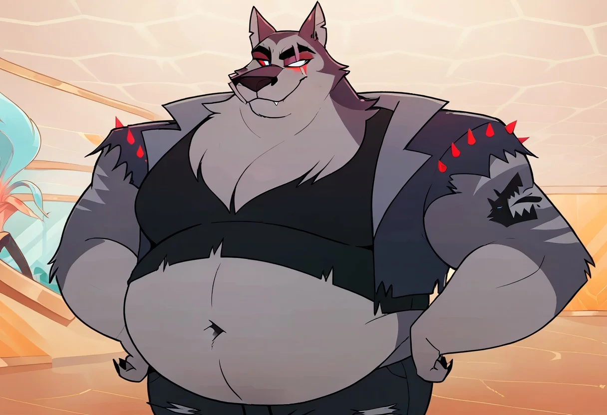 SCORE_9, SCORE_8_UP, SOURCE_ANIME, REALISTIC, BREAK, 1MALE, TEX, FACE FOCUS, PORTRAIT, FURRY, GREY FUR, MORBIDLY OBESE, HUGE BELLY, ((GIGANTIC BELLY)), ARMS FLEX, (SCAR ACROSS EYE), (BLANK GLASS EYE), RIGHT EYE SILVER, RIGHT RED SCLERA, EAR SLITS, TANK TOP, SPIKED LEATHER VEST, RIPPED JEANS, ARM TATTOO, BREAK, STRIP CULB, FURRY STRIPERS, HIGH RESOLUTION, VIVD TEXTURES