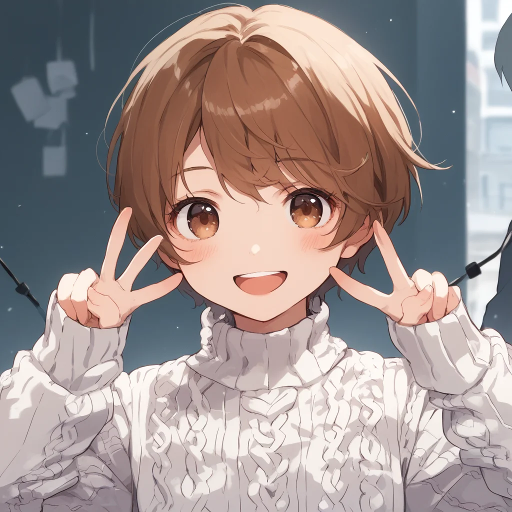 anime coloring, score_9, score_8_up, score_7_up, score_6_up, kinuhata saiai, toaru, 1girl, sweater, short hair, cable knit, brown hair, aran sweater, blush, open mouth, solo focus, smile, long hair, brown eyes, portrait, upper body, white sweater, double v