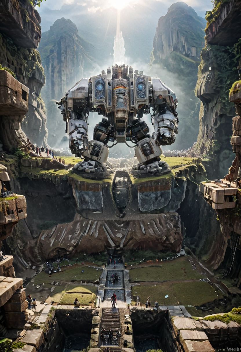 (Huge  mecha robots WITH NION totem carry huge stone blocks:1.5), 
(Ancient megalithic civilization, Azka Lines, on Easter Island:1.1), (The colonial city of the future, in the mist-filled Grand Canyon, on an unknown Earth-like planet, 2 moon on sky, Spaceship flight connects colonies, waterfulls:1), (Machu Picchu, a mountain settlement, incredibly spectacular:1),  (avant-garde, future, reality, science fiction, photorealistic), White limestone with black granite, fountain, waterfall, landmark, square, path, narrow street, (Large Files, Ultra Realistic, 8K, 16k, FHD, HD, VFX, Perfect, Photography, composition, Architecture Sales Photography, Architecture Competition, Ultra High Resolution, Cinematography, High Resolution Image:1), (dramatic lighting, direct sunlight, ray tracing, clear shadow:1), (real landscape:1), (blurred background:1.0), (urban background, more_details) ,
extremely detailed, industrialbuilding, drdnght machine, spstation, mayamaze, caveruinsAerial