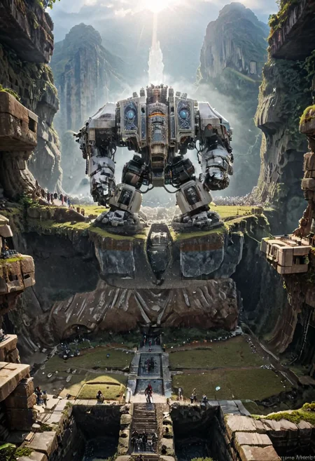(Huge  mecha robots WITH NION totem carry huge stone blocks:1.5), 
(Ancient megalithic civilization, Azka Lines, on Easter Island:1.1), (The colonial city of the future, in the mist-filled Grand Canyon, on an unknown Earth-like planet, 2 moon on sky, Spaceship flight connects colonies, waterfulls:1), (Machu Picchu, a mountain settlement, incredibly spectacular:1),  (avant-garde, future, reality, science fiction, photorealistic), White limestone with black granite, fountain, waterfall, landmark, square, path, narrow street, (Large Files, Ultra Realistic, 8K, 16k, FHD, HD, VFX, Perfect, Photography, composition, Architecture Sales Photography, Architecture Competition, Ultra High Resolution, Cinematography, High Resolution Image:1), (dramatic lighting, direct sunlight, ray tracing, clear shadow:1), (real landscape:1), (blurred background:1.0), (urban background, more_details) ,
extremely detailed, industrialbuilding, drdnght machine, spstation, mayamaze, caveruinsAerial