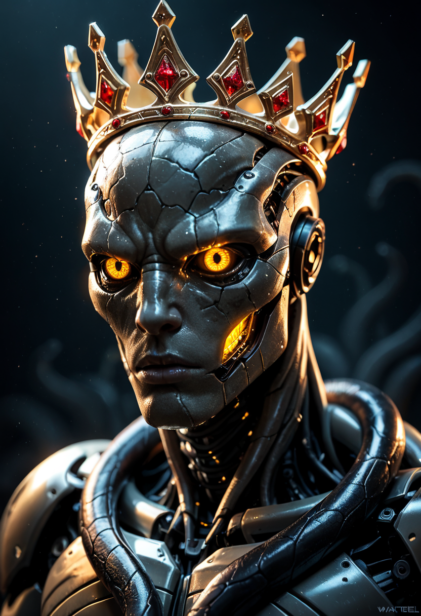 (masterpiece,best quality,score_9,score_8_up,score_7_up:1.2),robotic body,made out of black mate steel ,golden cracks , black eyes,f ocused lighting, crown on head, dark background, close up, portret ,alien looking creature, tentacles coming out of head,photography shot with Canon EOS 5D Mark IV,
<lora:spo_sdxl_10ep_4k-data_lora_webui:0.7>