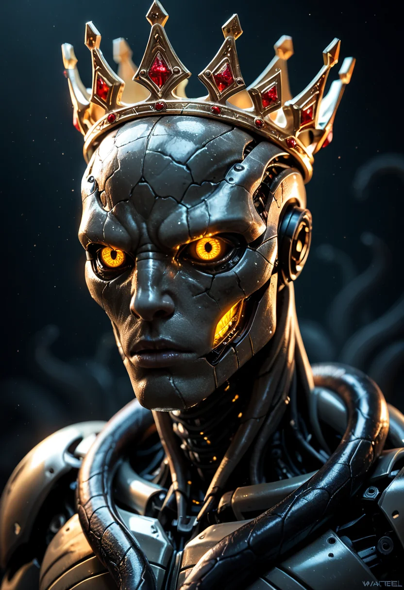 (masterpiece,best quality,score_9,score_8_up,score_7_up:1.2),robotic body,made out of black mate steel ,golden cracks , black eyes,f ocused lighting, crown on head, dark background, close up, portret ,alien looking creature, tentacles coming out of head,photography shot with Canon EOS 5D Mark IV,
<lora:spo_sdxl_10ep_4k-data_lora_webui:0.7>