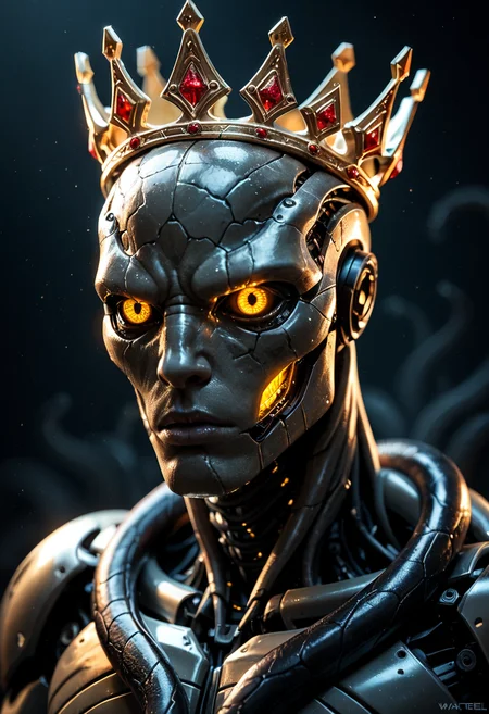 (masterpiece,best quality,score_9,score_8_up,score_7_up:1.2),robotic body,made out of black mate steel ,golden cracks , black eyes,f ocused lighting, crown on head, dark background, close up, portret ,alien looking creature, tentacles coming out of head,photography shot with Canon EOS 5D Mark IV,
<lora:spo_sdxl_10ep_4k-data_lora_webui:0.7>
