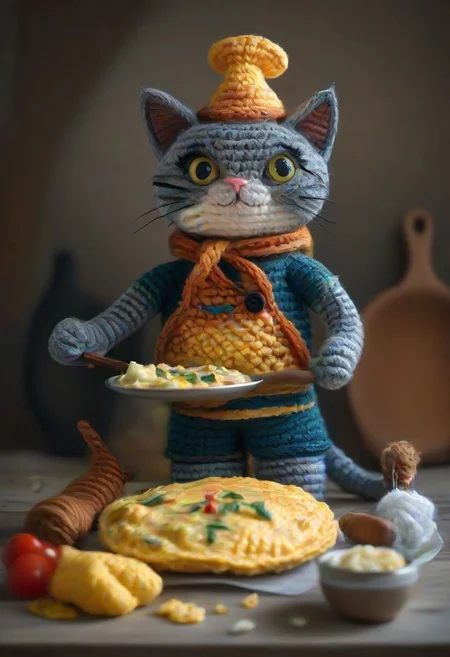 a cat happily cooking an omelette, by saint exupery, crocheted style